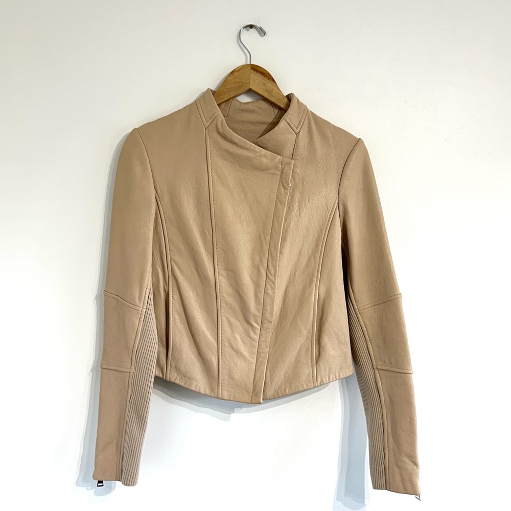 Vince Asymmetrical Lamb Leather Tan Neutral Jacket moto style zip closure